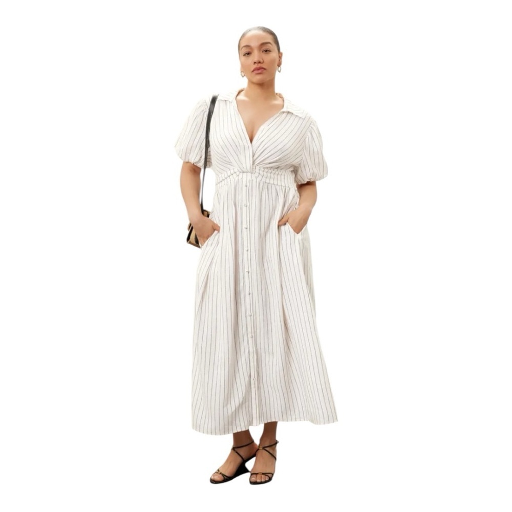 Derek Lam Knot Waist Shirt Dress Midi in Stripe Linen Blend Size IT 52 / US 16